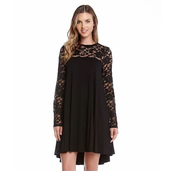 Karen Kane Women’s Large Lace Sleeve Trapeze Swing Dress • High Lo Hem Boat Neck - Picture 15 of 16